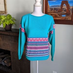 Vintage 80s/90s Turquoise Pink Stripe Patterned Boat Neck Sweater Women's Medium